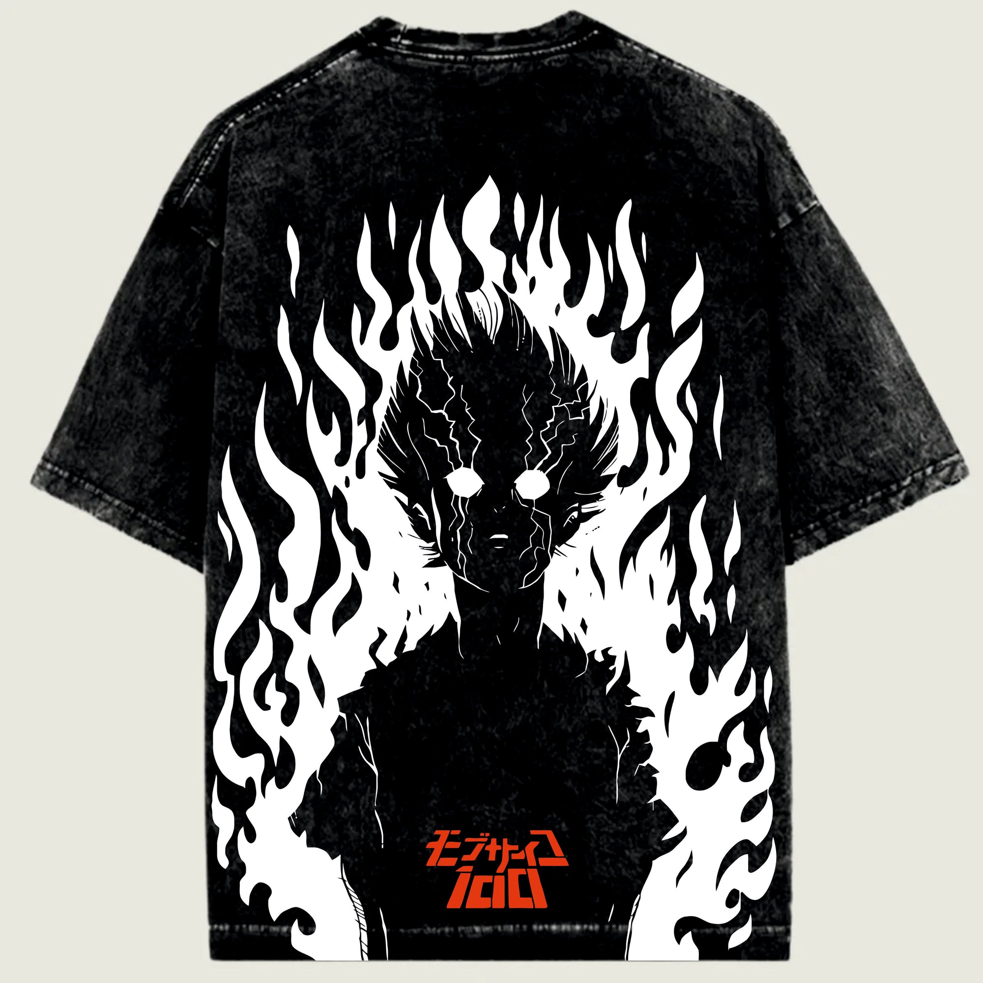 Black t-shirt with white flame design and red text