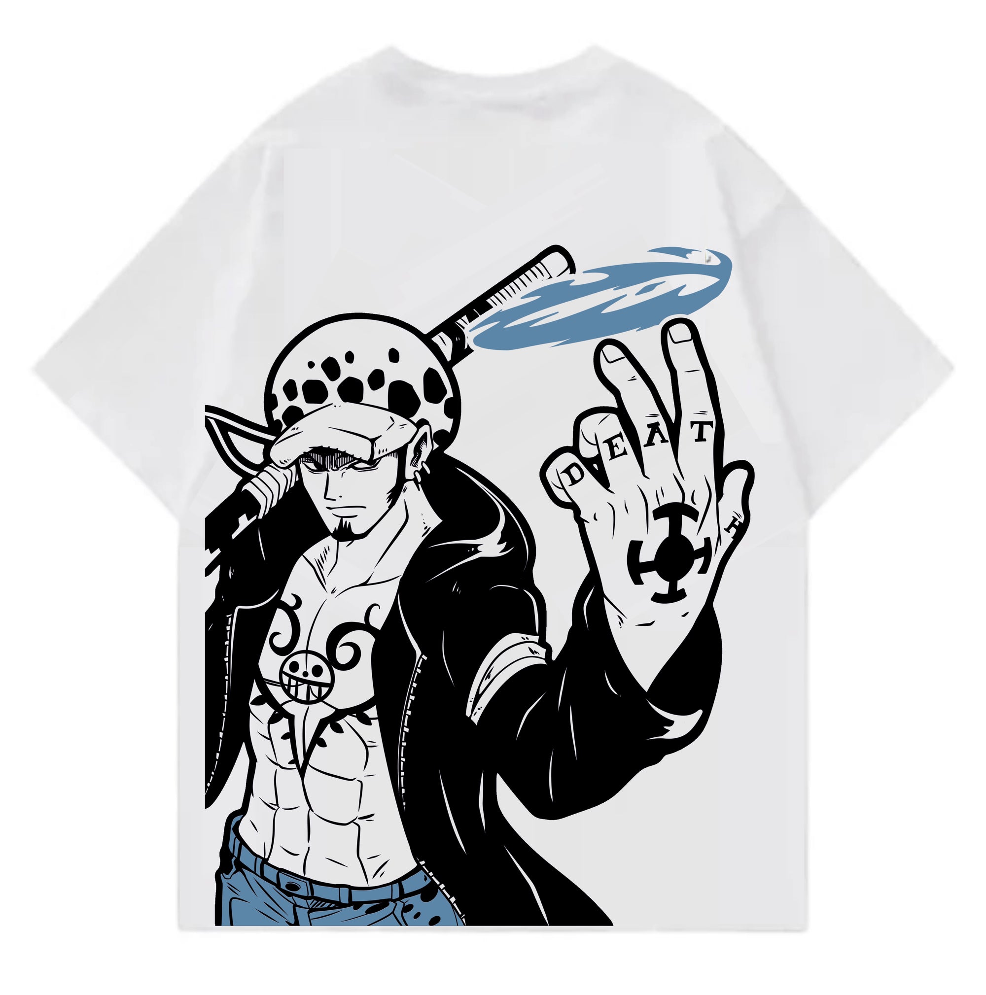 T-shirt with a graphic design of a character holding a baseball bat and making a peace sign.