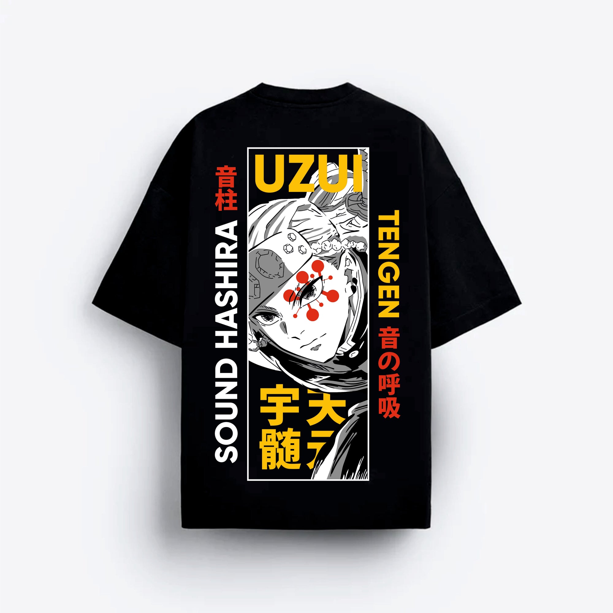 Black t-shirt with graphic design and text