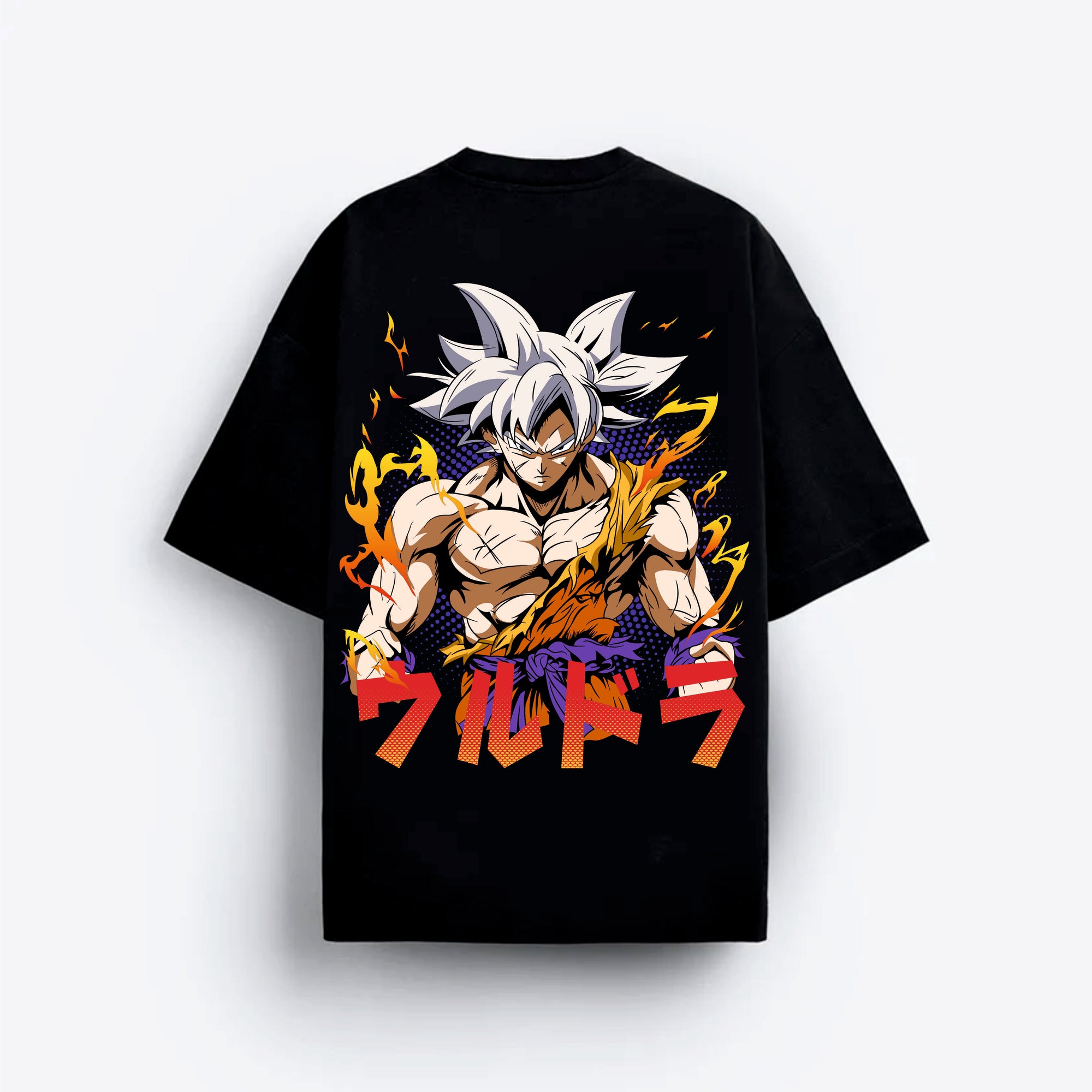 Black t-shirt with a goku character design and Japanese text on a white background