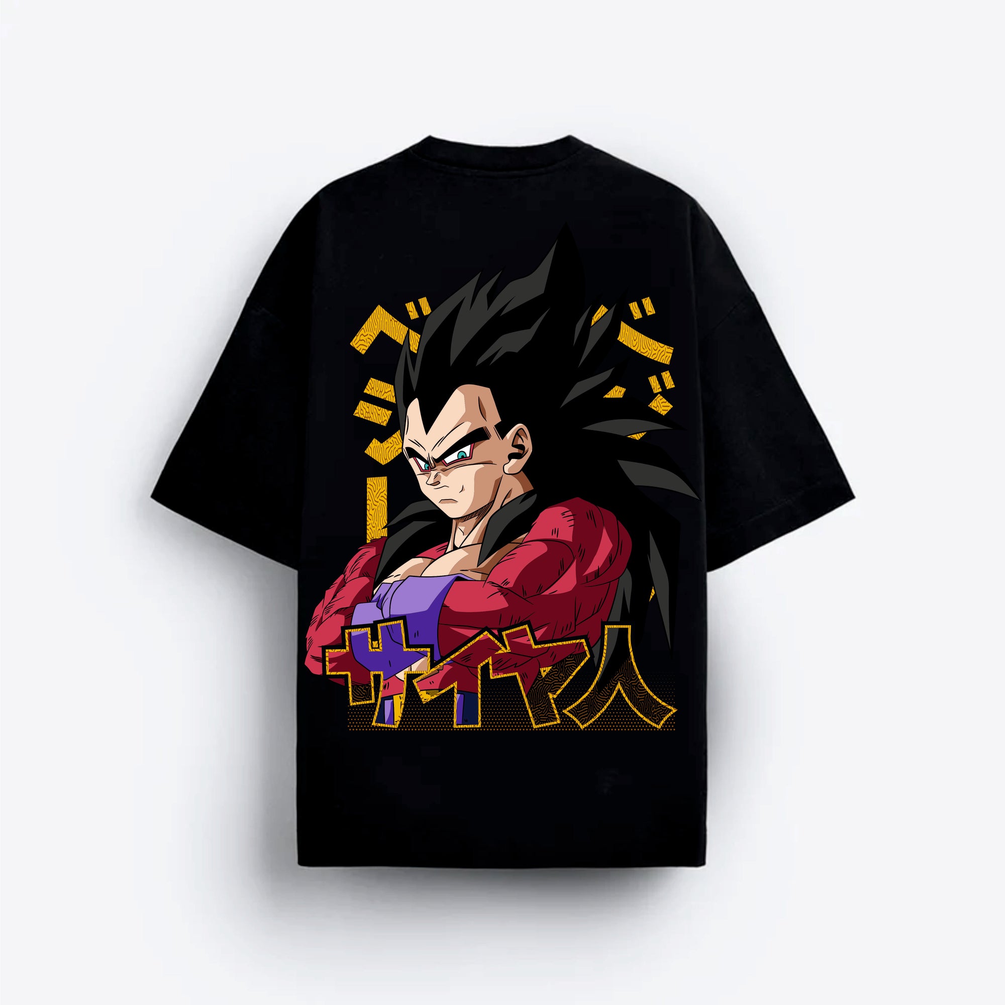 Black t-shirt with a vegeta character graphic and text on a white background