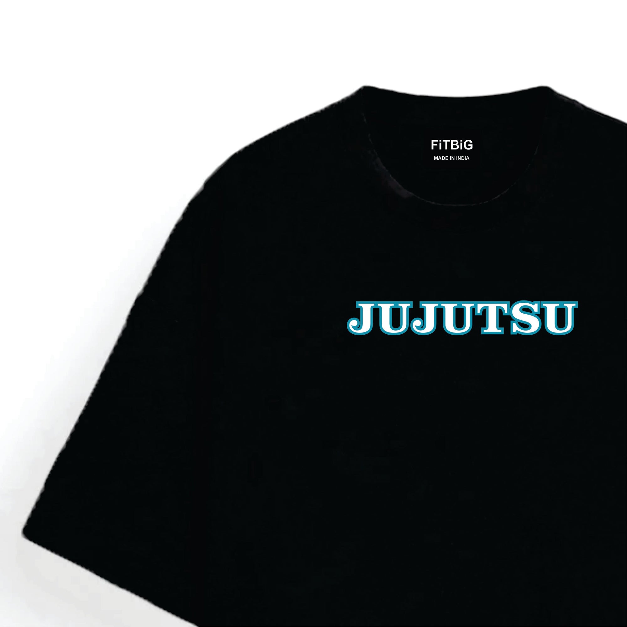 Black t-shirt with 'JUJUTSU' printed in blue on a white background