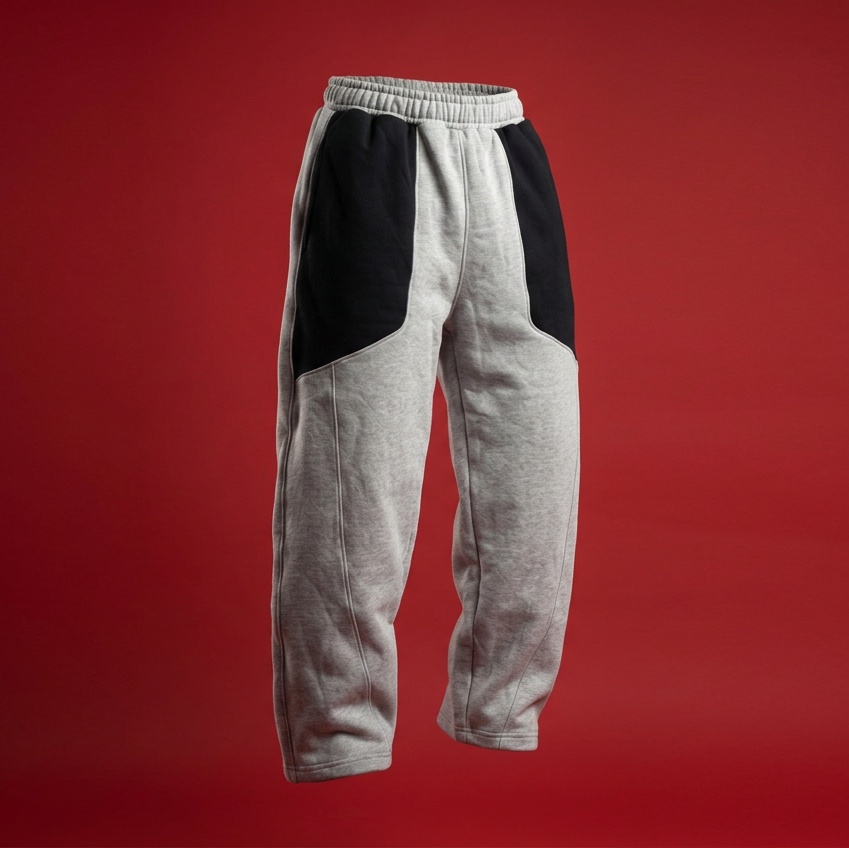 Light heather gray sweatpants with black color-blocked side panels, shown against a solid red background.