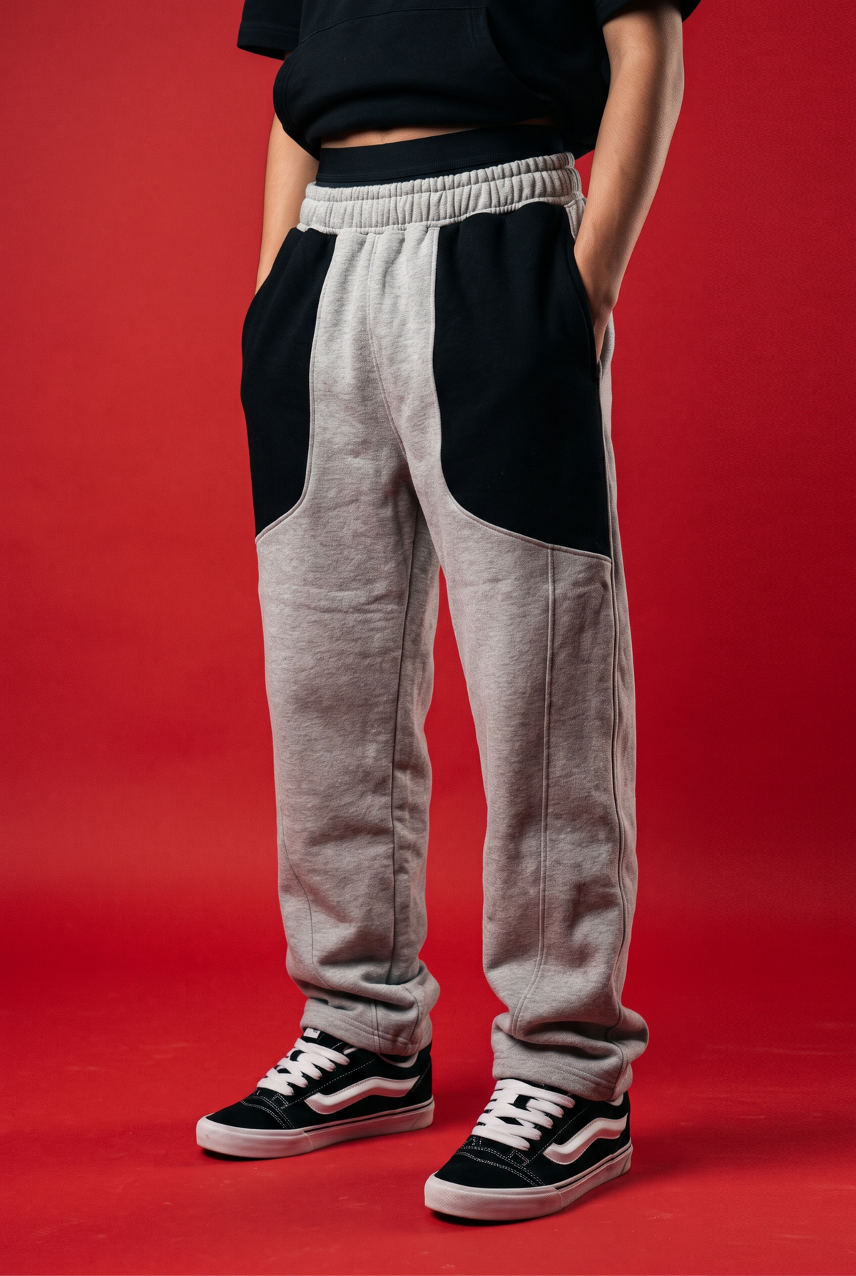 A person wearing heather gray sweatpants with large black color-block panels on the upper thighs, paired with black and white Vans sneakers, set against a solid red studio background.