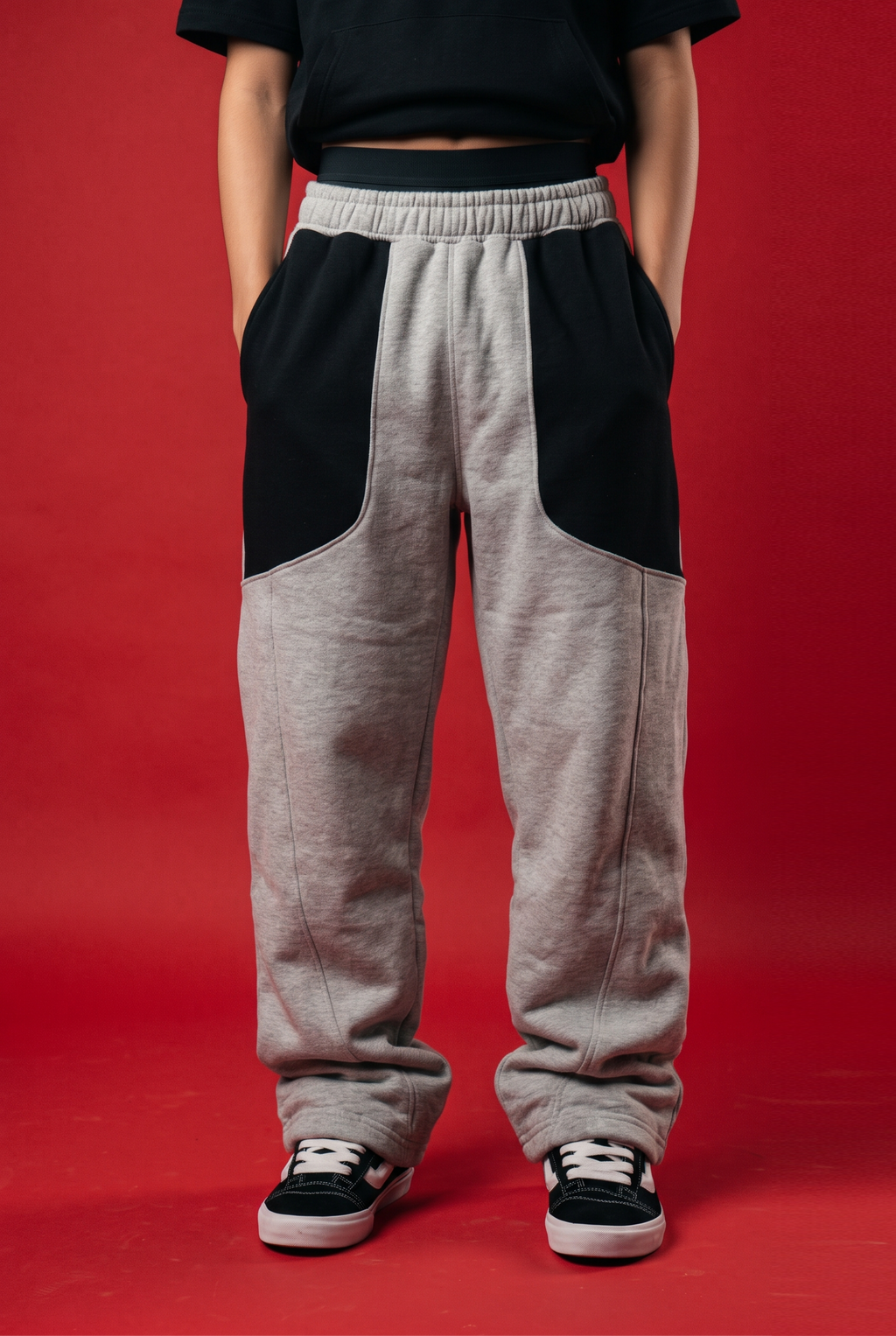 A person wearing loose-fit gray sweatpants with large black side panel inserts, standing against a solid red studio background.