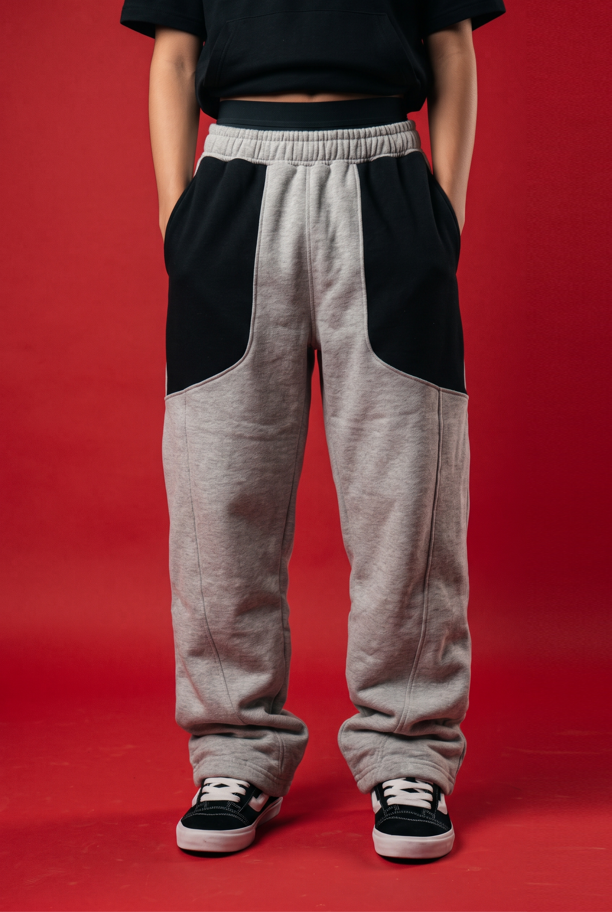 A person wearing loose-fit gray sweatpants with large black side panel inserts, standing against a solid red studio background.