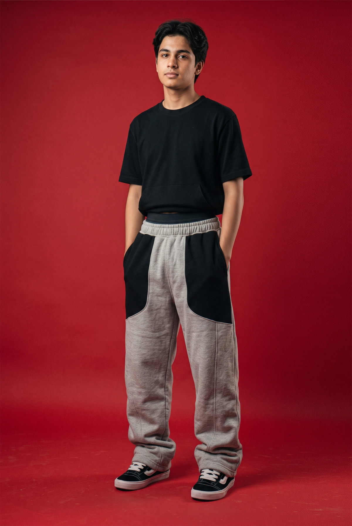 A man modeling a black t-shirt and light gray sweatpants with black patch pockets, standing against a solid red studio background.