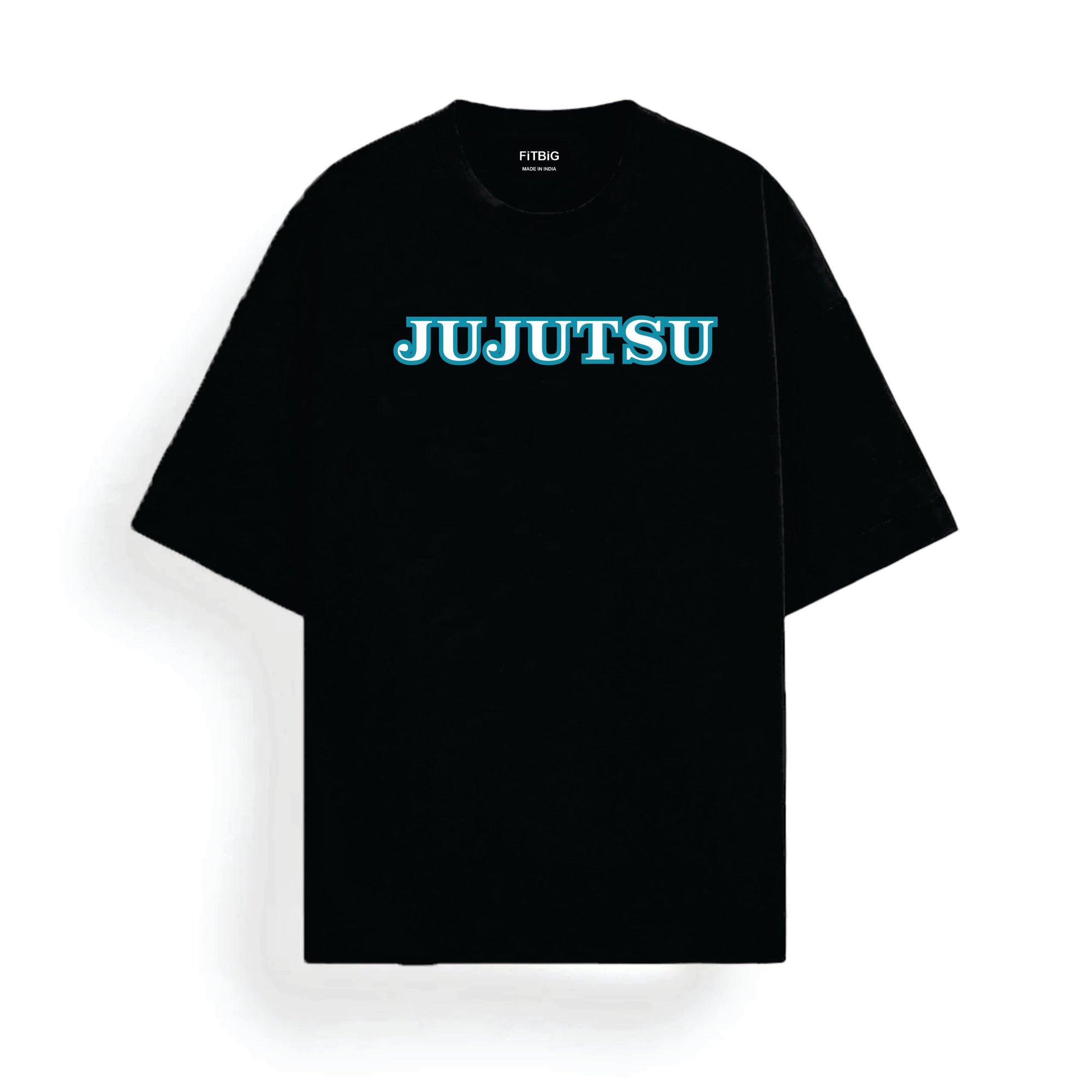 Black t-shirt with 'JUJUTSU' printed in blue on a white background