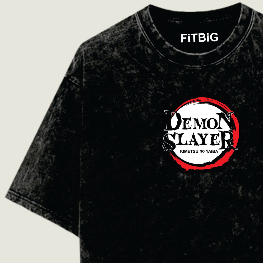 Black t-shirt with 'Demon Slayer' logo on a beige background