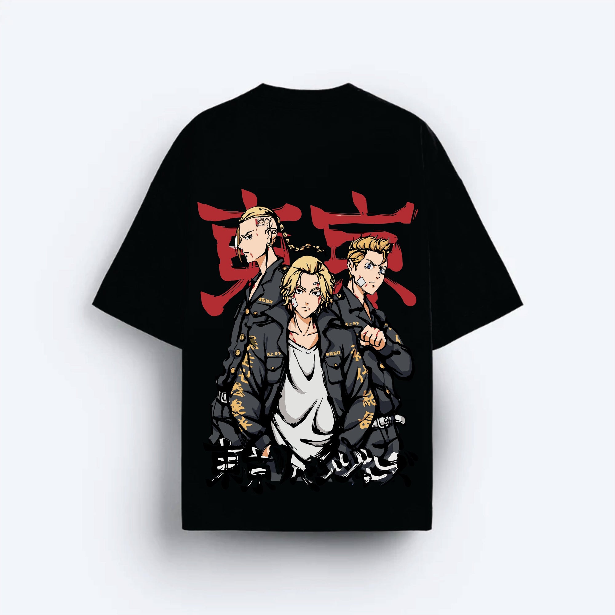 Black t-shirt with anime-style TOKYO RAVENGERS graphic and red text on a white background