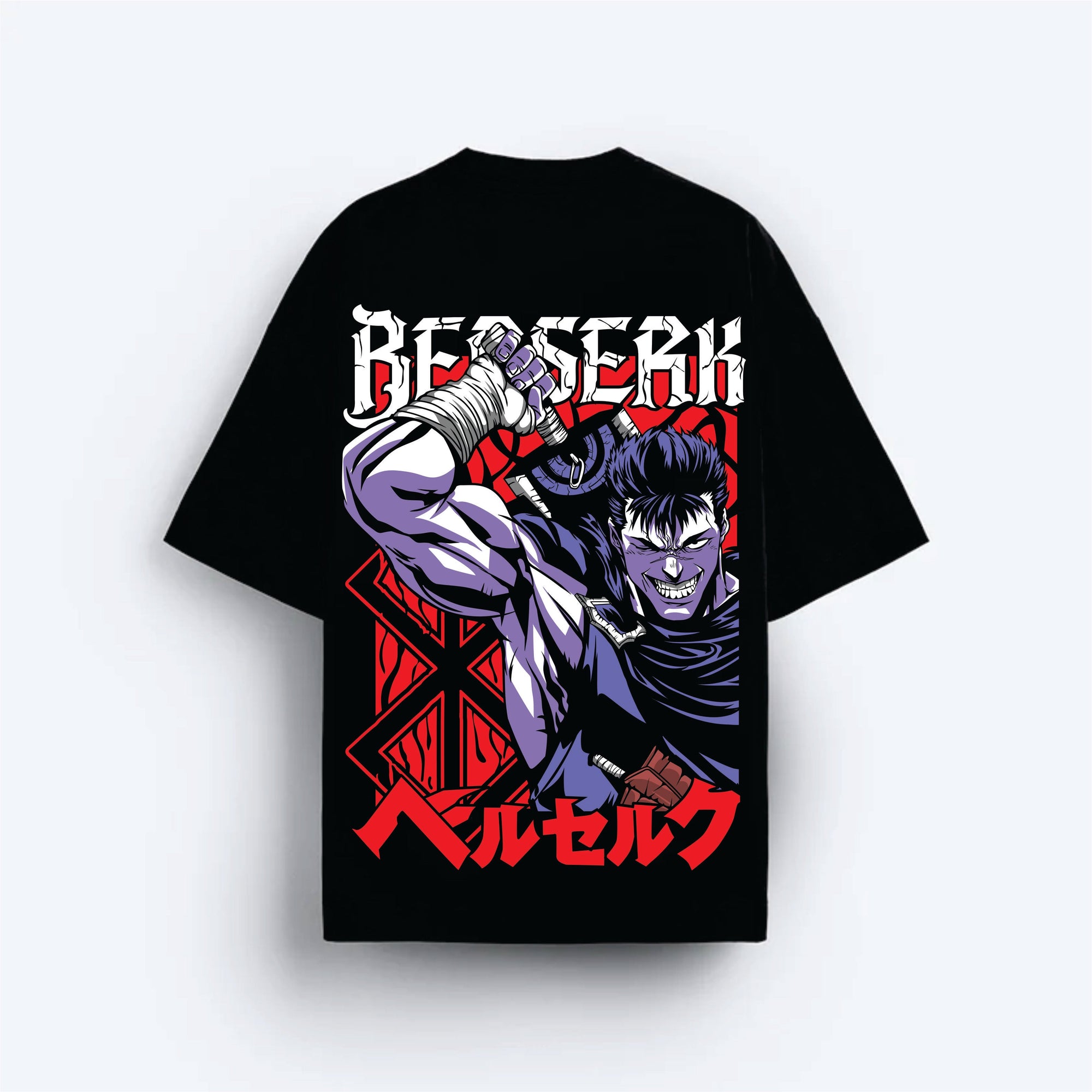 Black t-shirt with 'Berserk' graphic design featuring a character holding a sword on a white background.