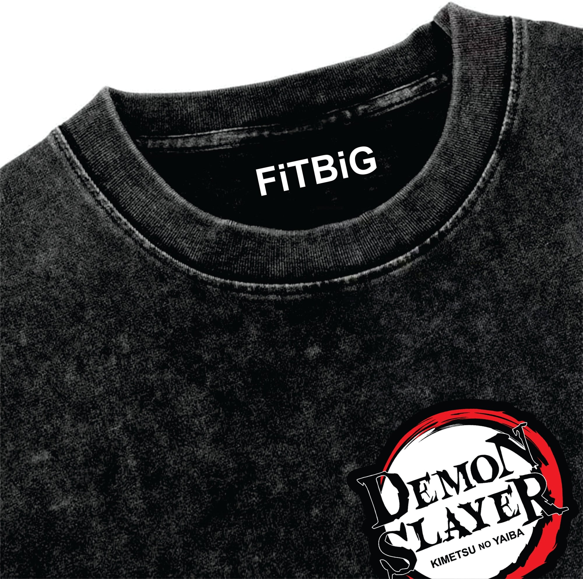 Black shirt with FiTBiG logo on collar and Demon Slayer logo on sleeve