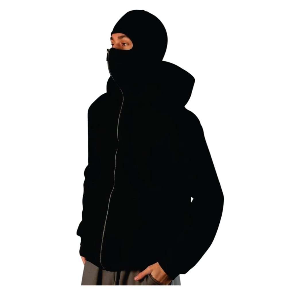 Person wearing a black hoodie with a face covering on a white background
