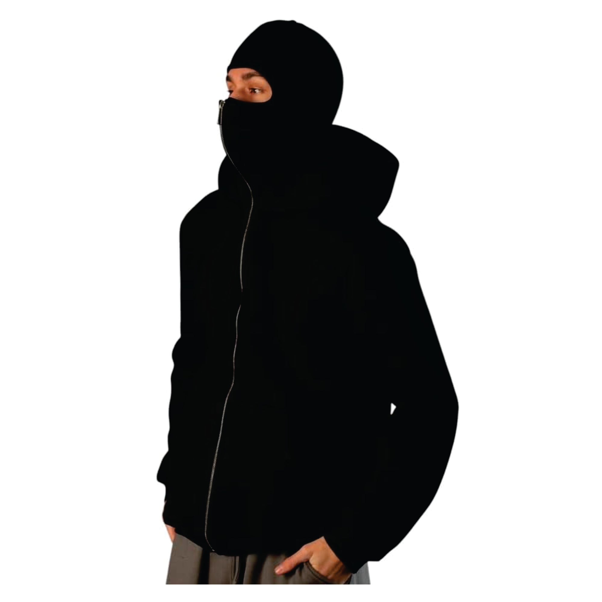 Person wearing a black hoodie with a face covering on a white background