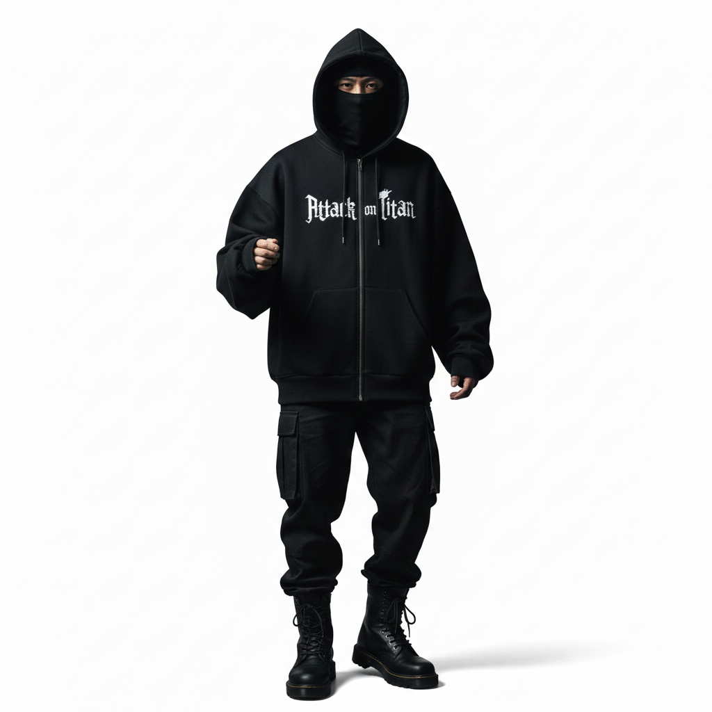 Person wearing a black hoodie with 'Attack on Titan' logo on a white background