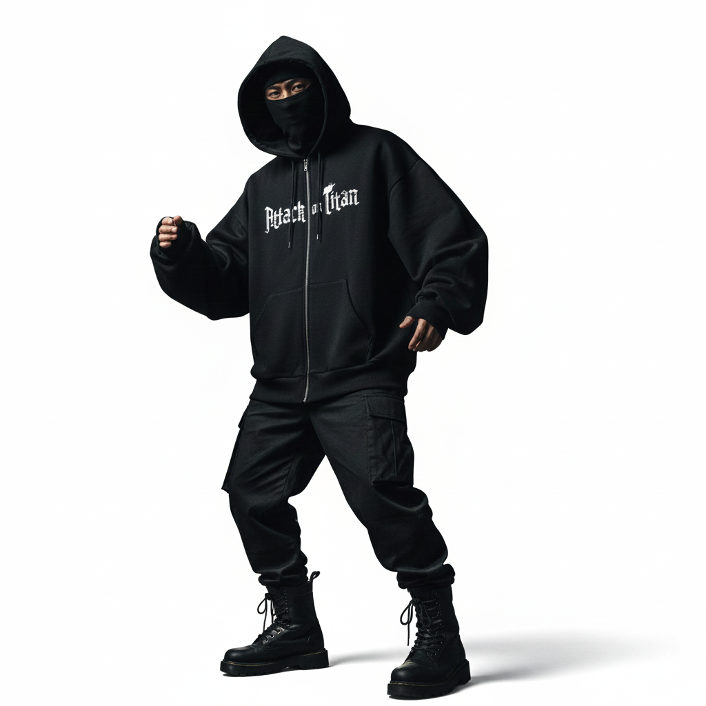 Person wearing a black hoodie with 'Attack on Titan' logo on a white background