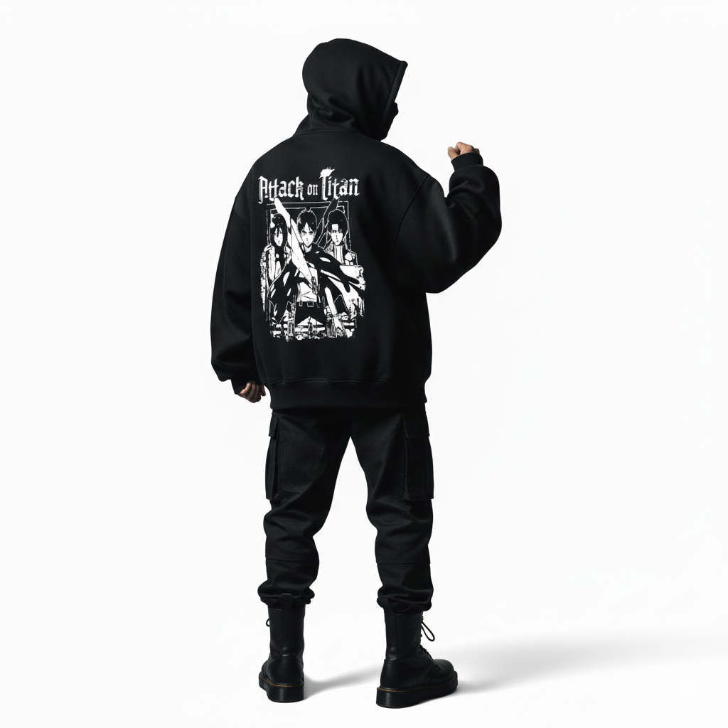Person wearing a black hoodie with a graphic design on the back, standing against a white background