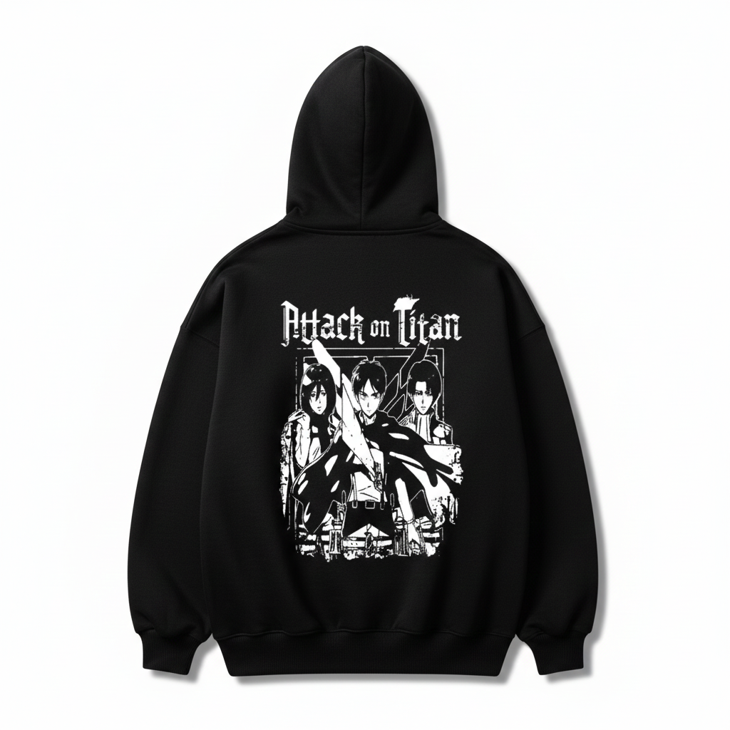 Black hoodie with 'Attack on Titan' graphic design on a white background