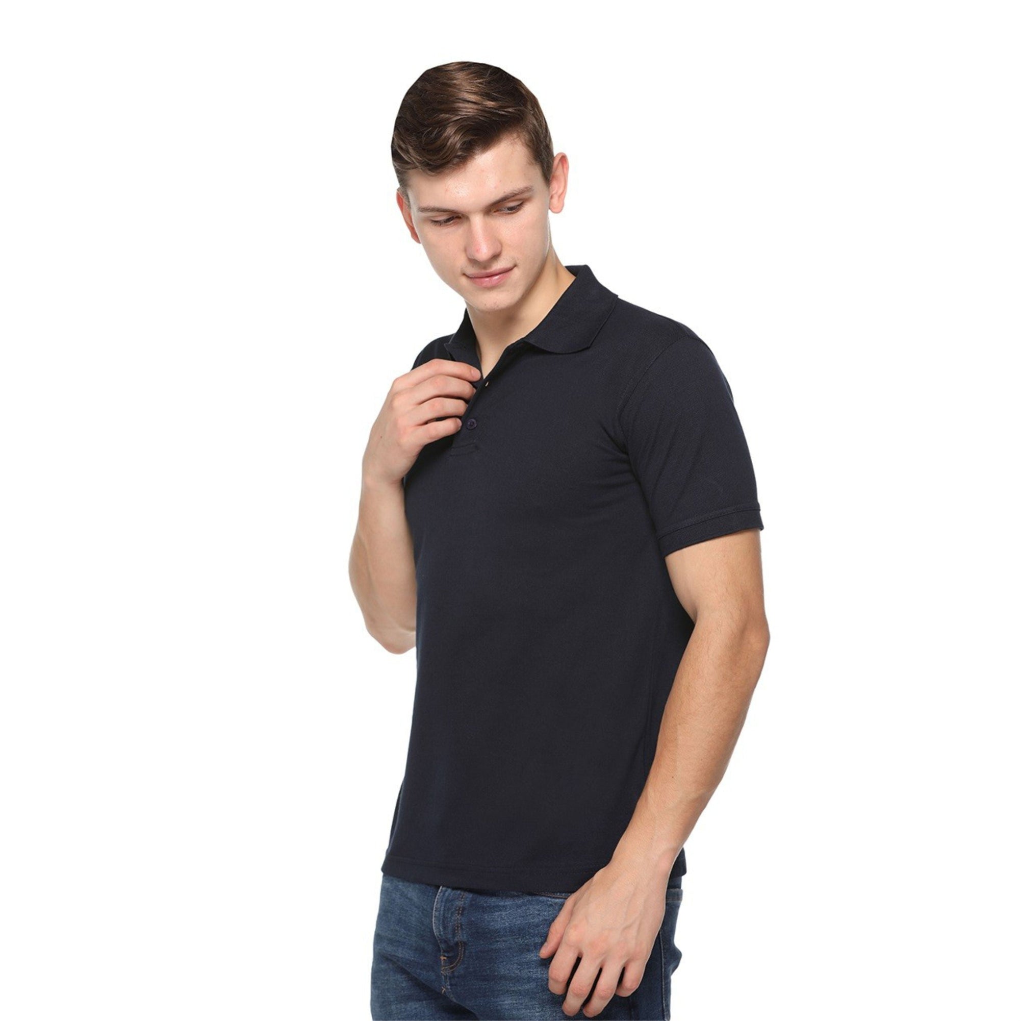 Man wearing a black polo t shirt on a white background
