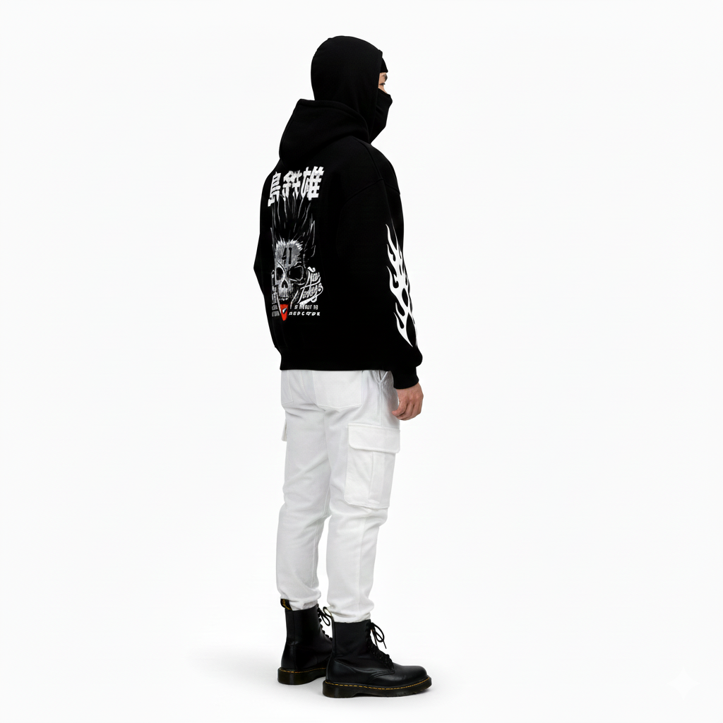 Person wearing a black hoodie with white graphics and text, standing against a white background