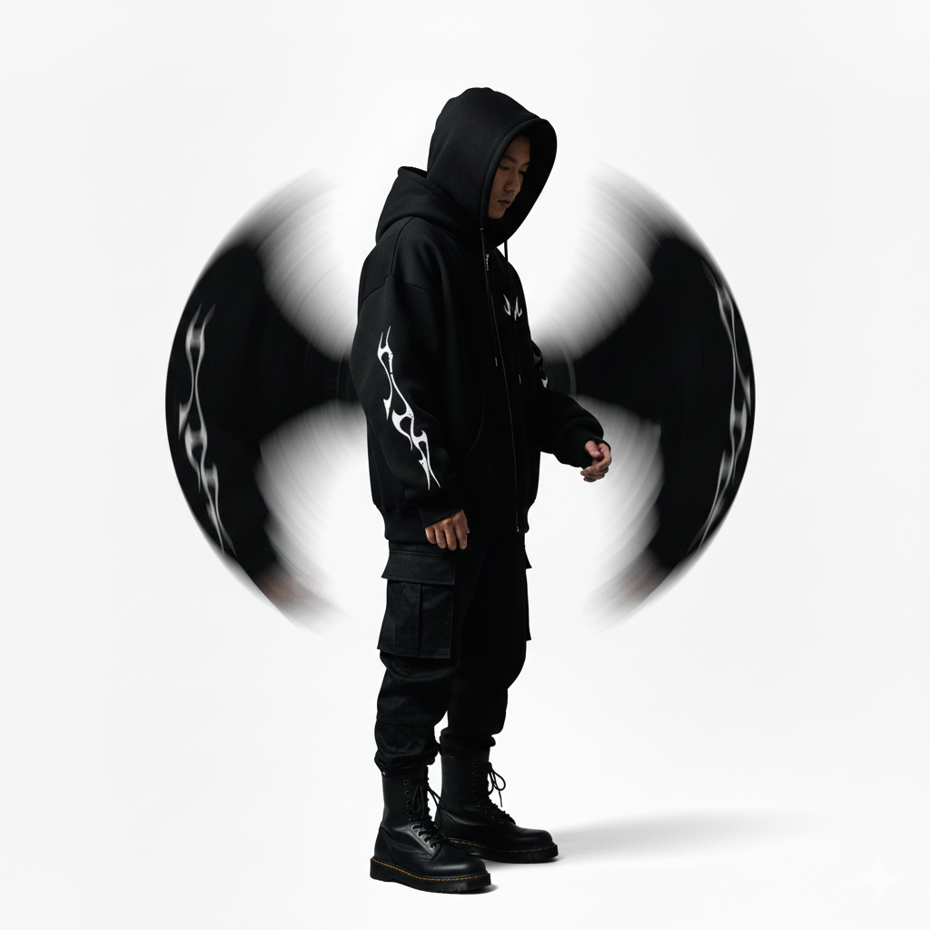Person wearing a black hoodie with a white design, standing against a white background.
