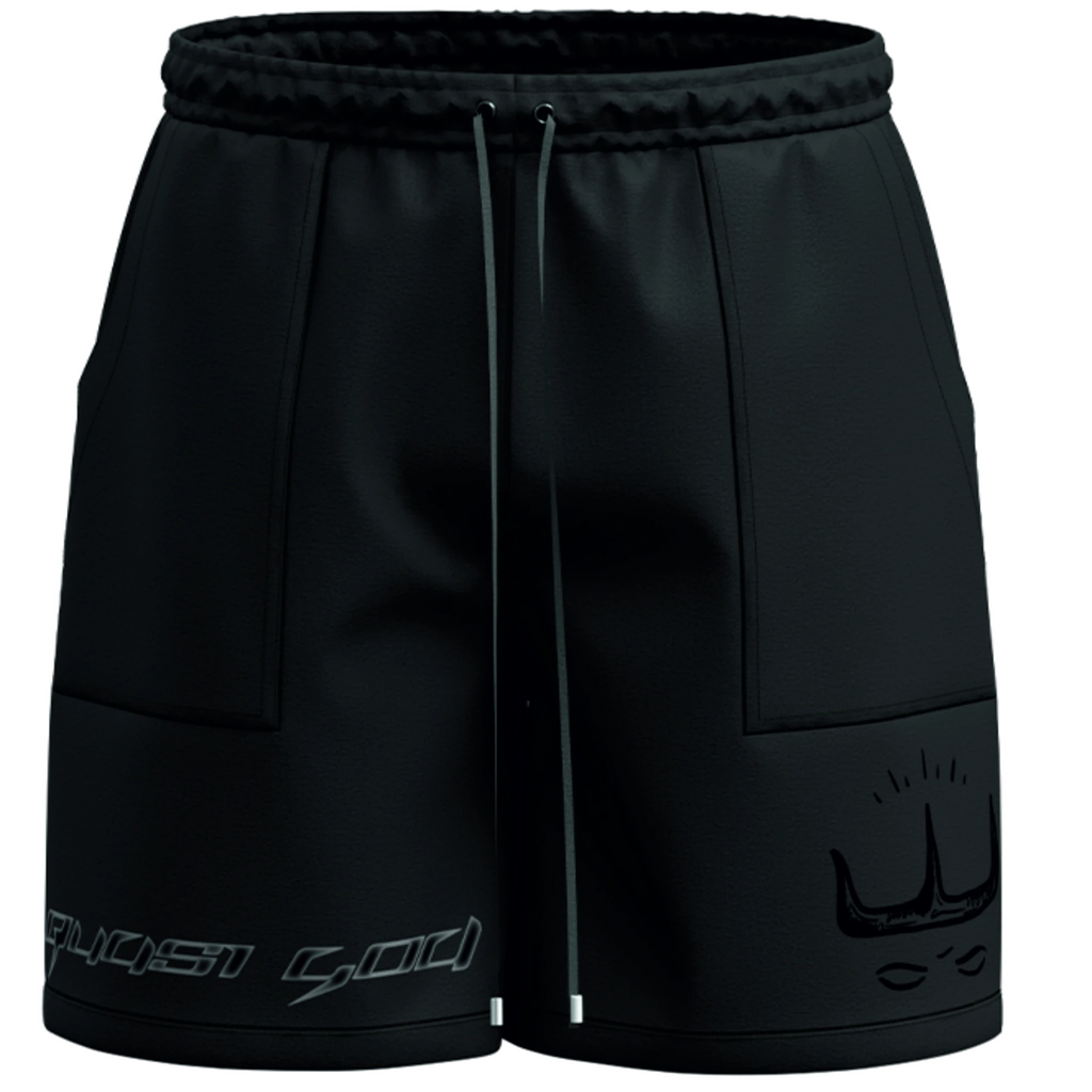 Black shorts with a brand logo on a white background