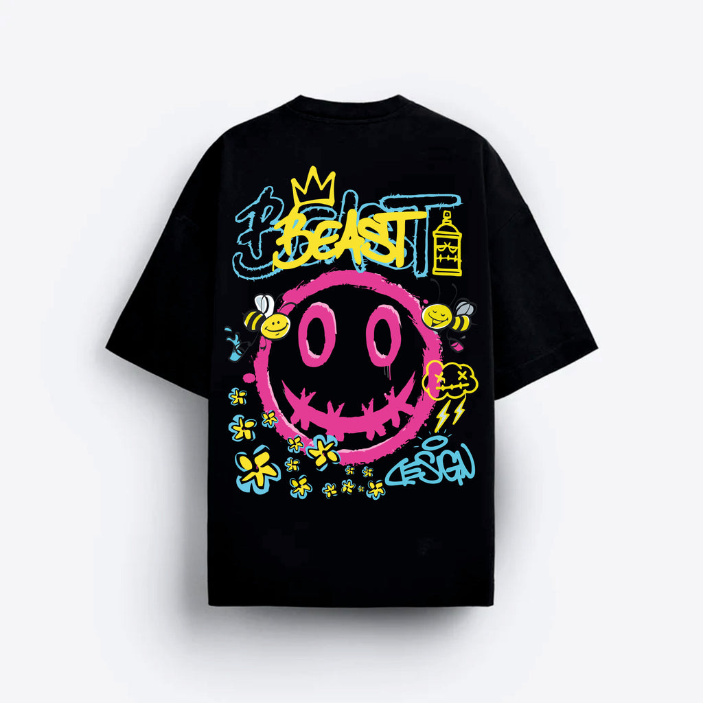 Black t-shirt with colorful graphic design on a white background