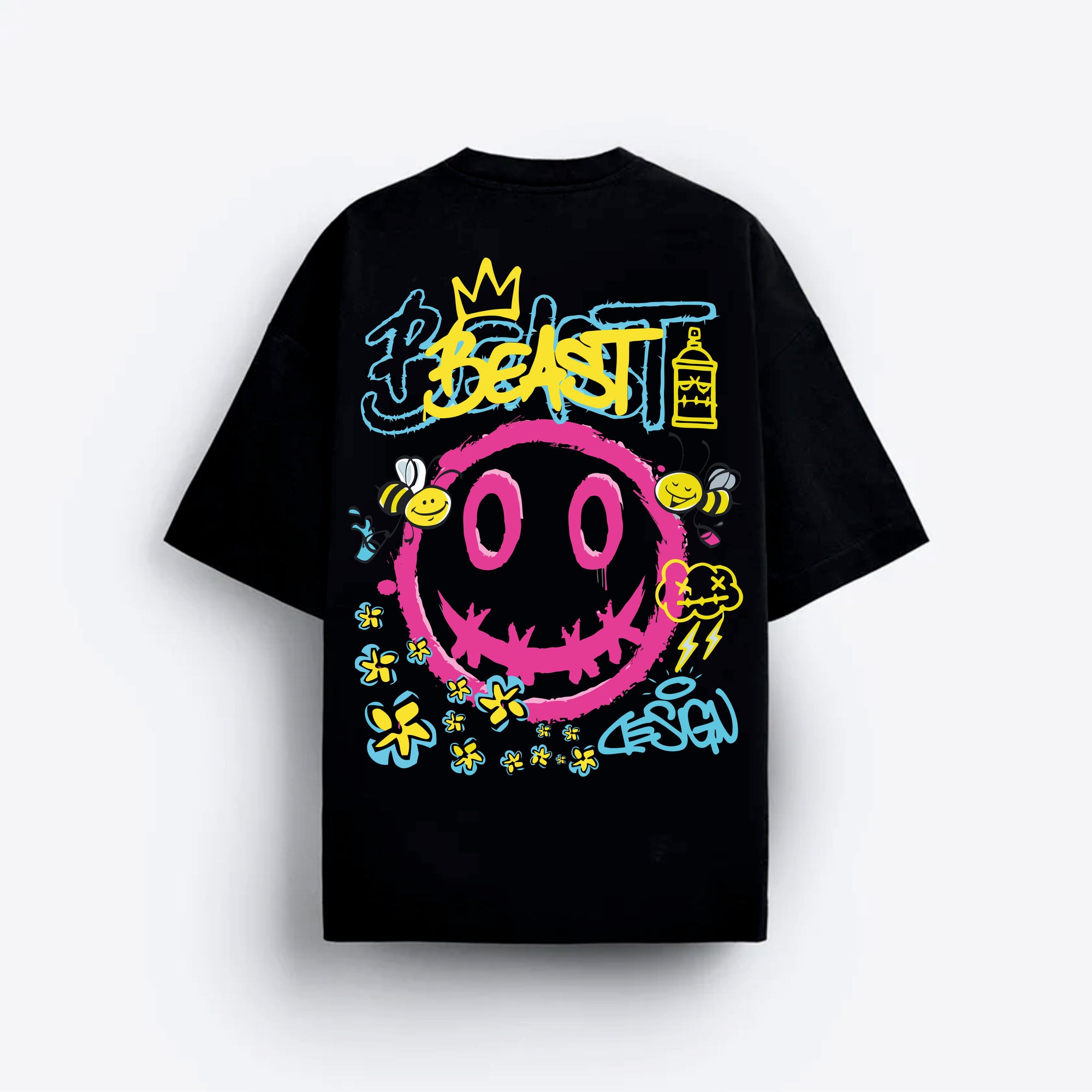 Black t-shirt with colorful graphic design on a white background