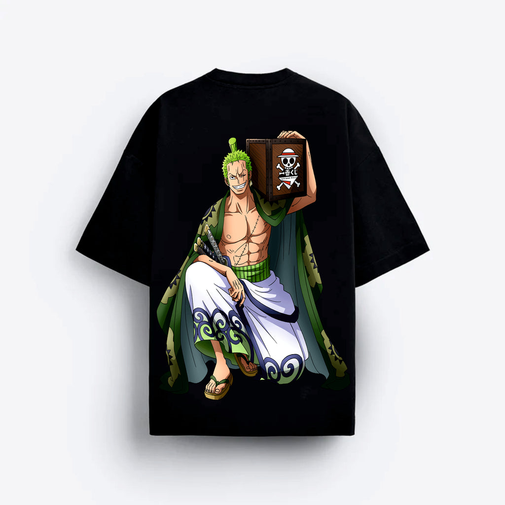 Black t-shirt with a character design on a white background
