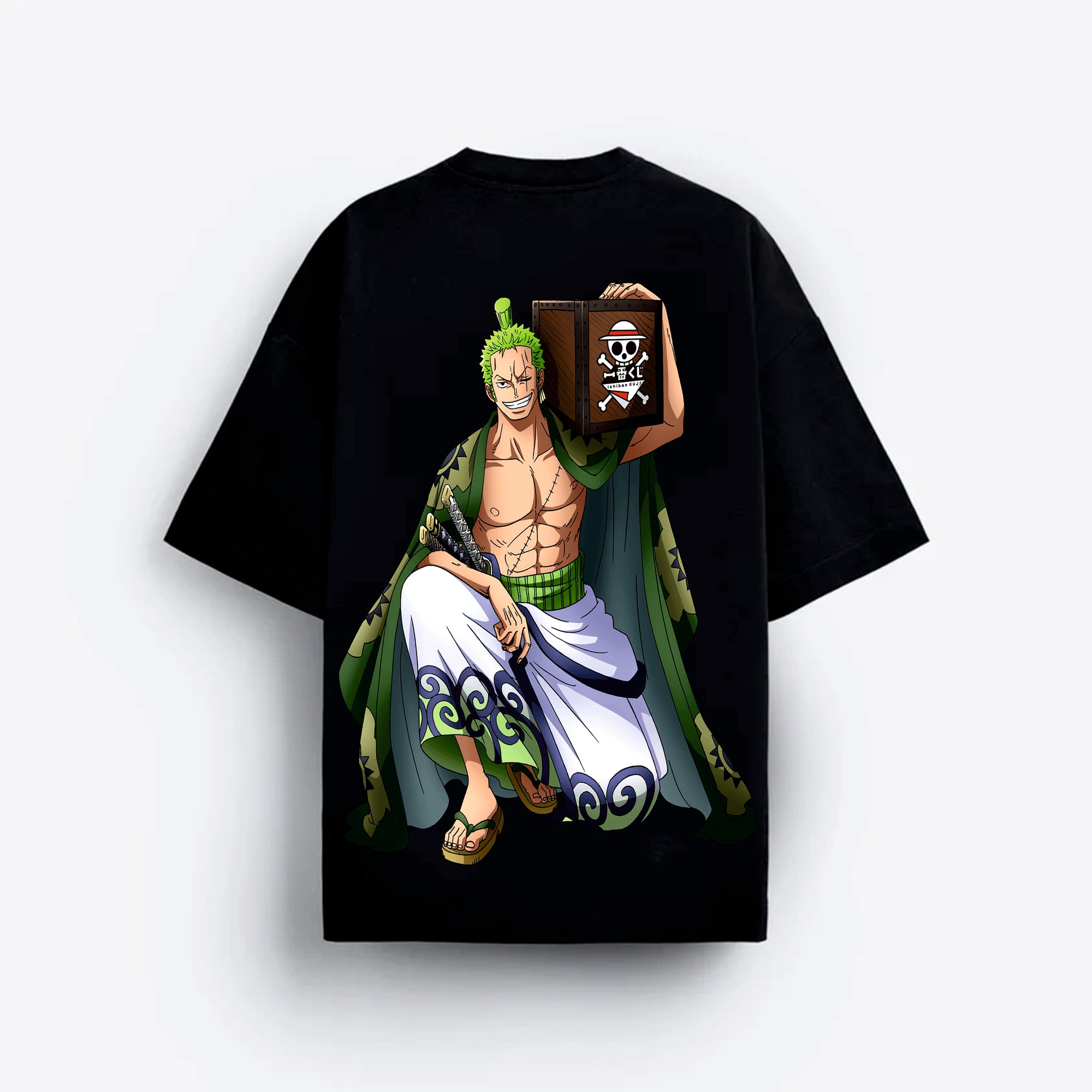 Black t-shirt with a character design on a white background