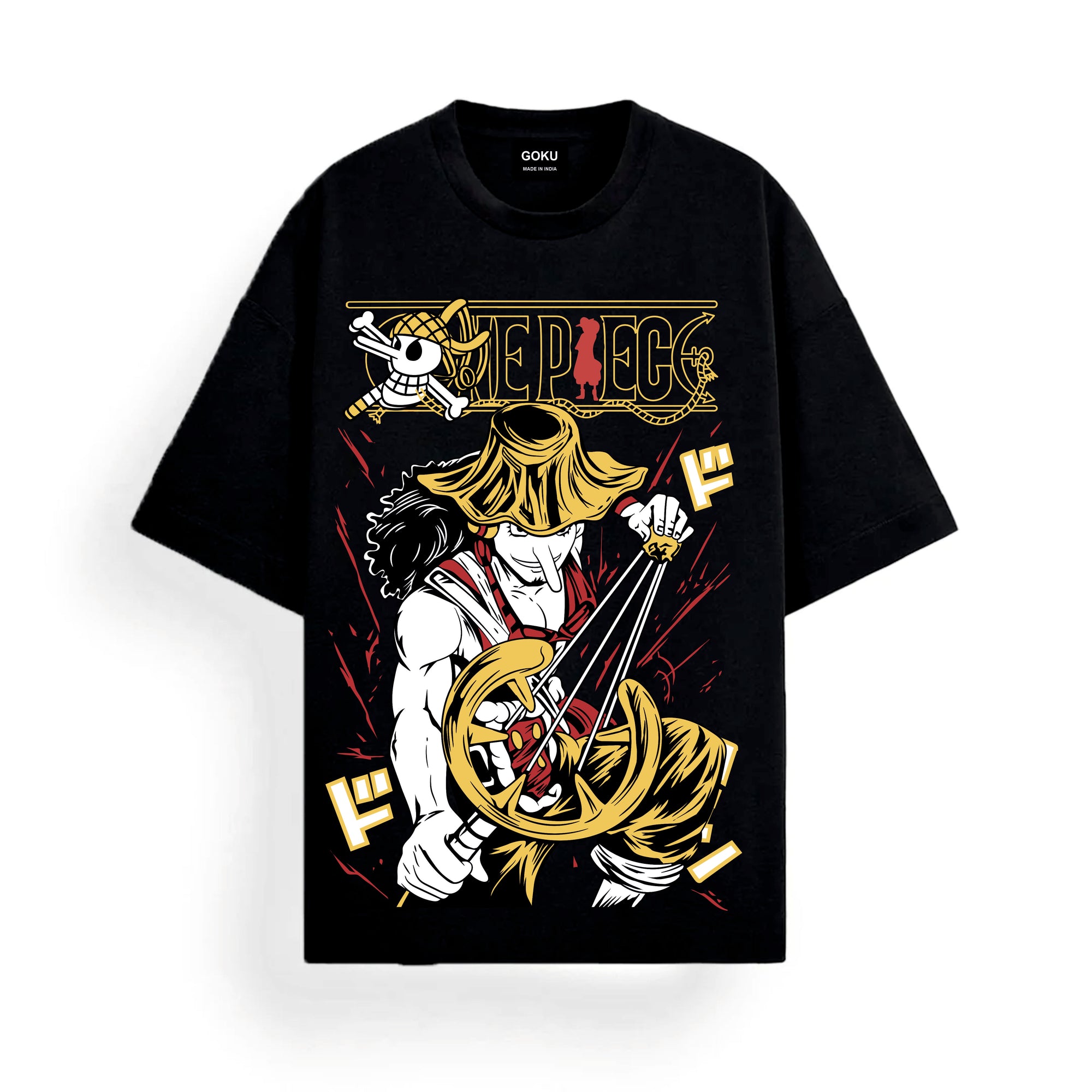 Black t-shirt with 'One Piece' character design.