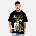 Person wearing a black t-shirt with a onepiece graphic design.