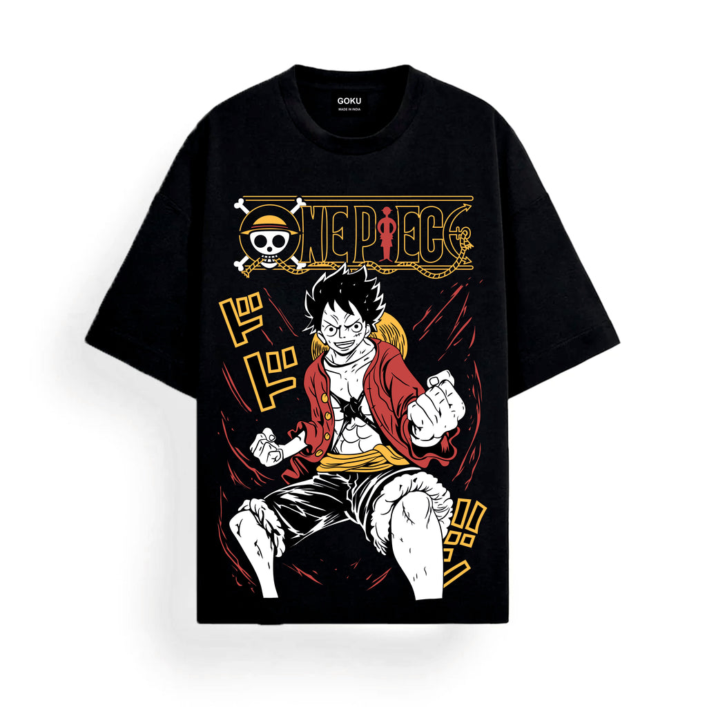 Black t-shirt with One Piece character design.