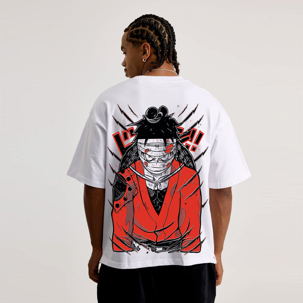 Person wearing a white t-shirt with a red and black Jujutsu kaisen graphic design on the back.