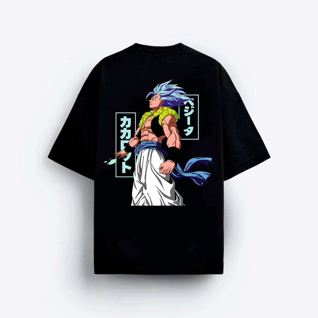 Black t-shirt with a colorful graphic Gogeta design.