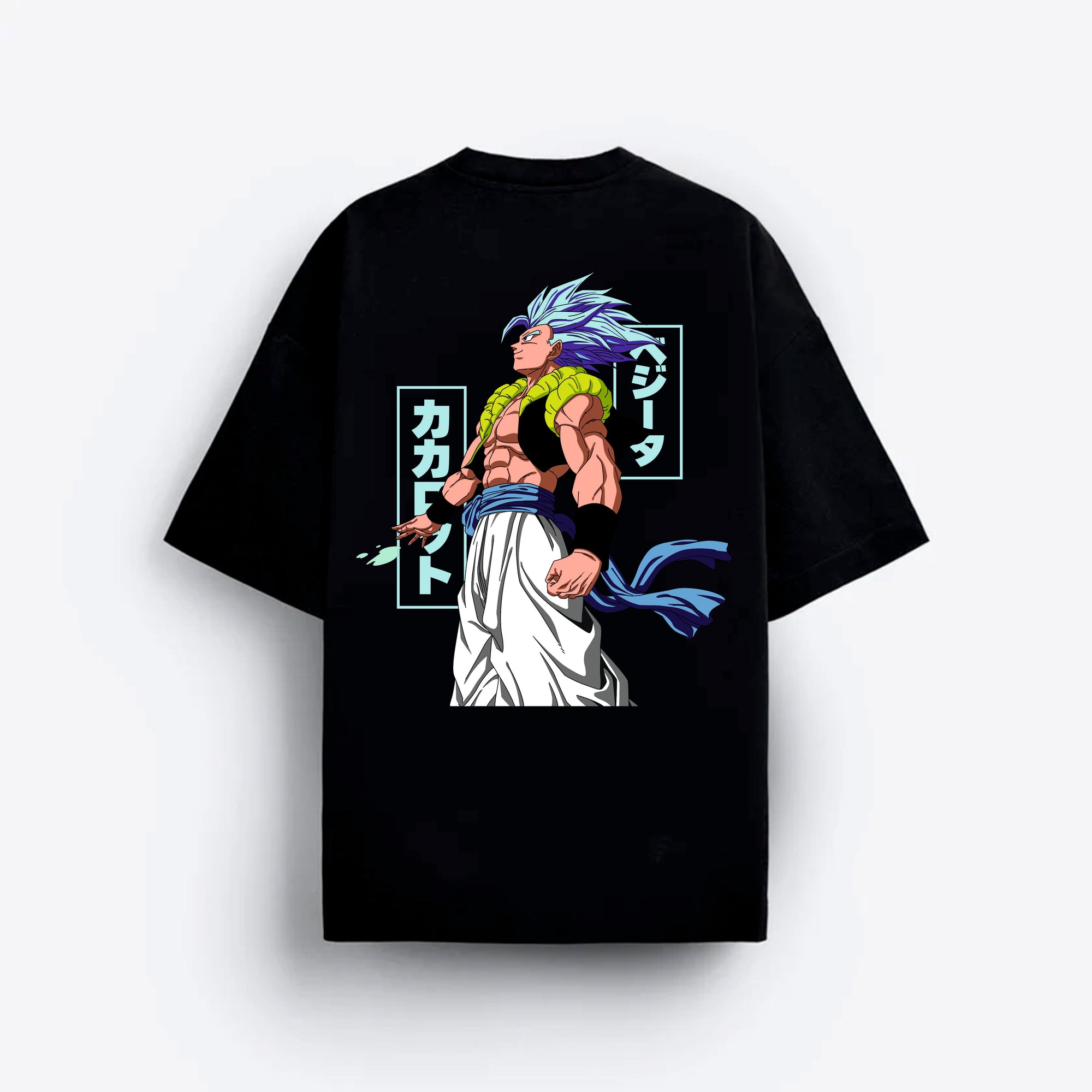 Black t-shirt with a colorful graphic Gogeta design.