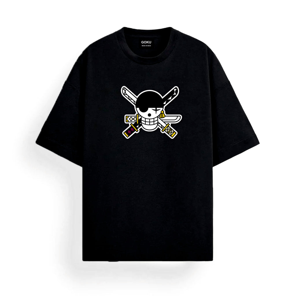 Black t-shirt with a white graphic design on a white background