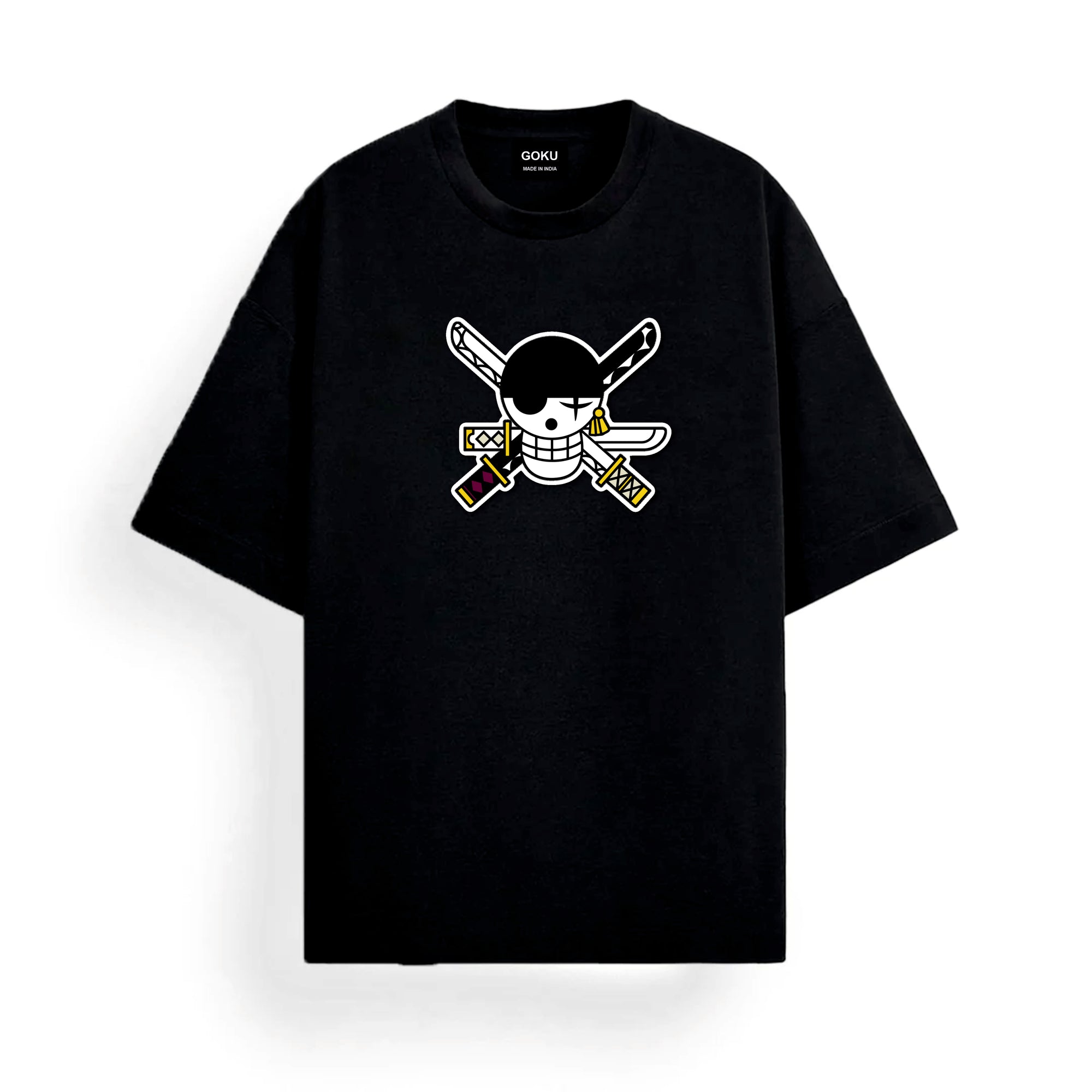 Black t-shirt with a white graphic design on a white background
