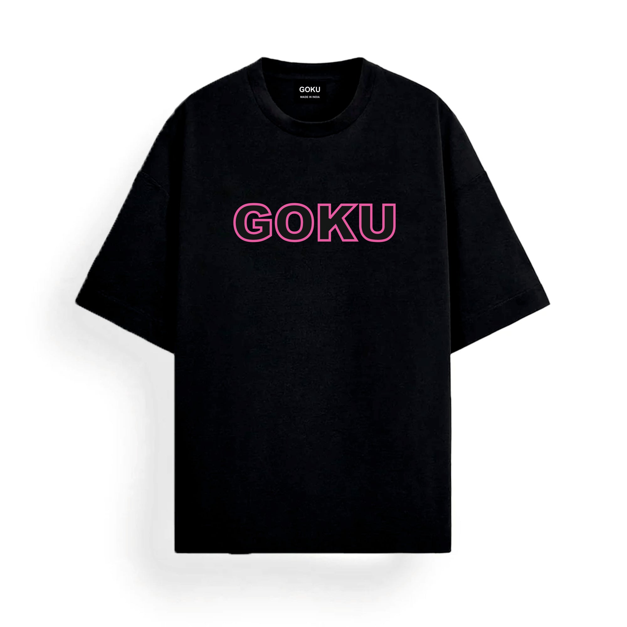 Black t-shirt with 'GOKU' printed in pink.