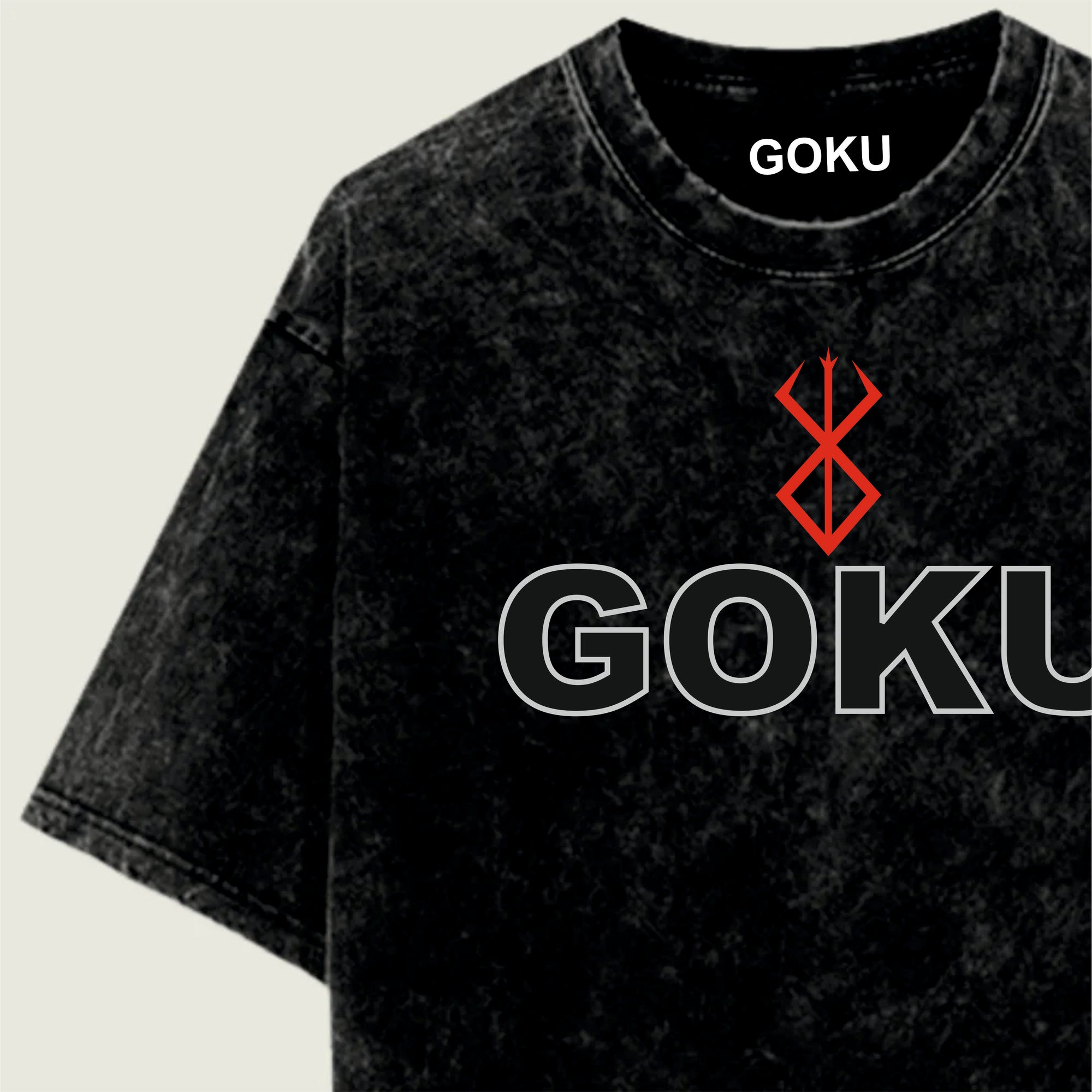 Black t-shirt with 'GOKU' branding and Berserk symbol.