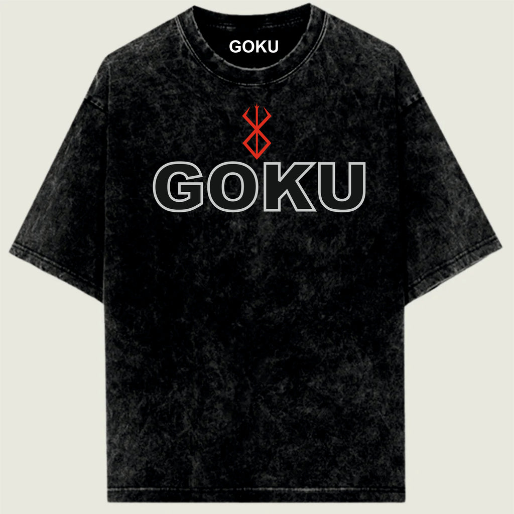 Black t-shirt with 'GOKU' and Berserk logo.