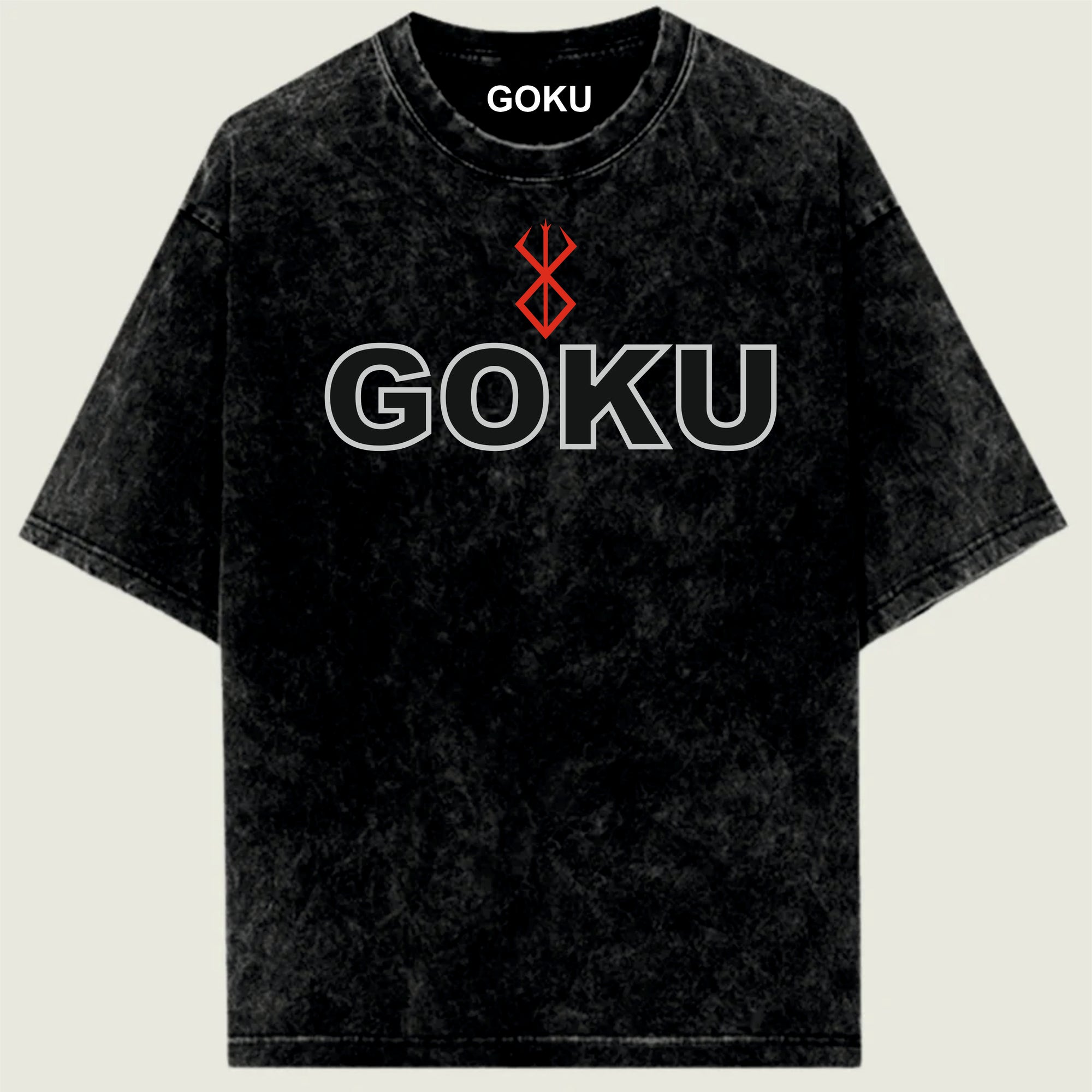 Black t-shirt with 'GOKU' and Berserk logo.