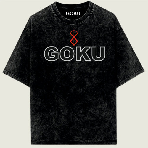 Black t-shirt with 'GOKU' and Berserk logo.