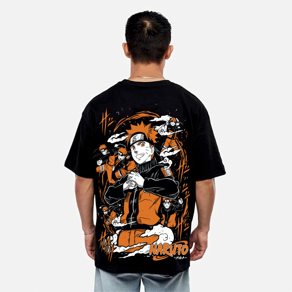 Person wearing a black t-shirt with a graphic design on the back, featuring characters and the word 'Naruto'.
