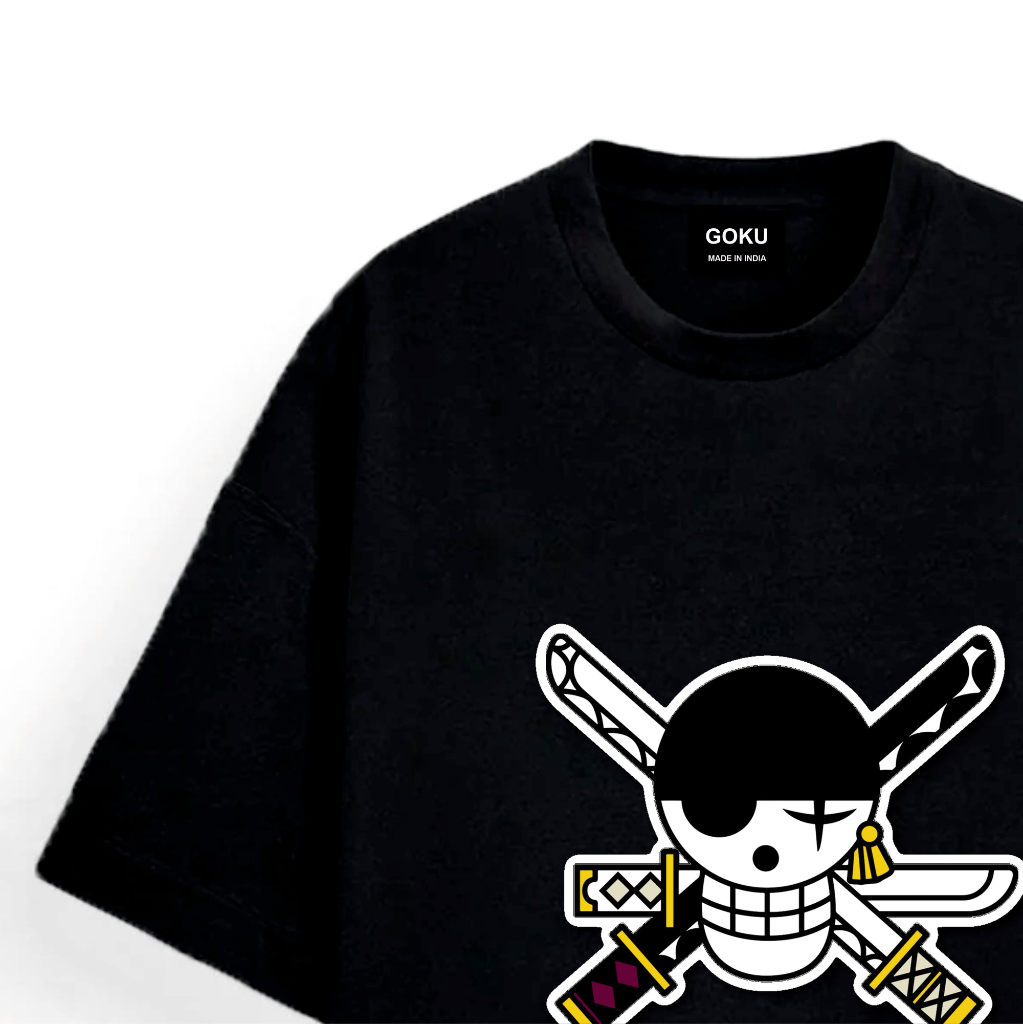 Black t-shirt with a white graphic design on a white background