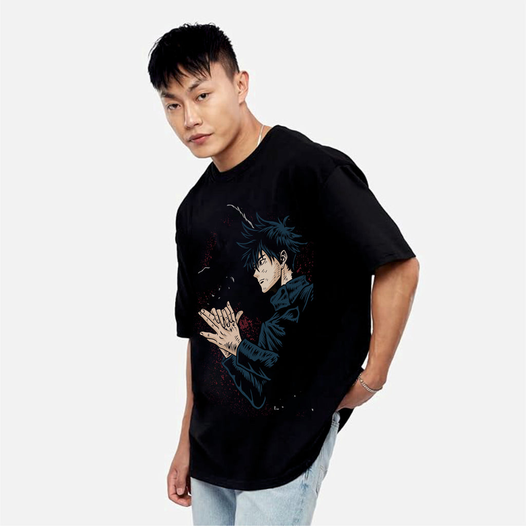 Person wearing a black t-shirt with an anime character design