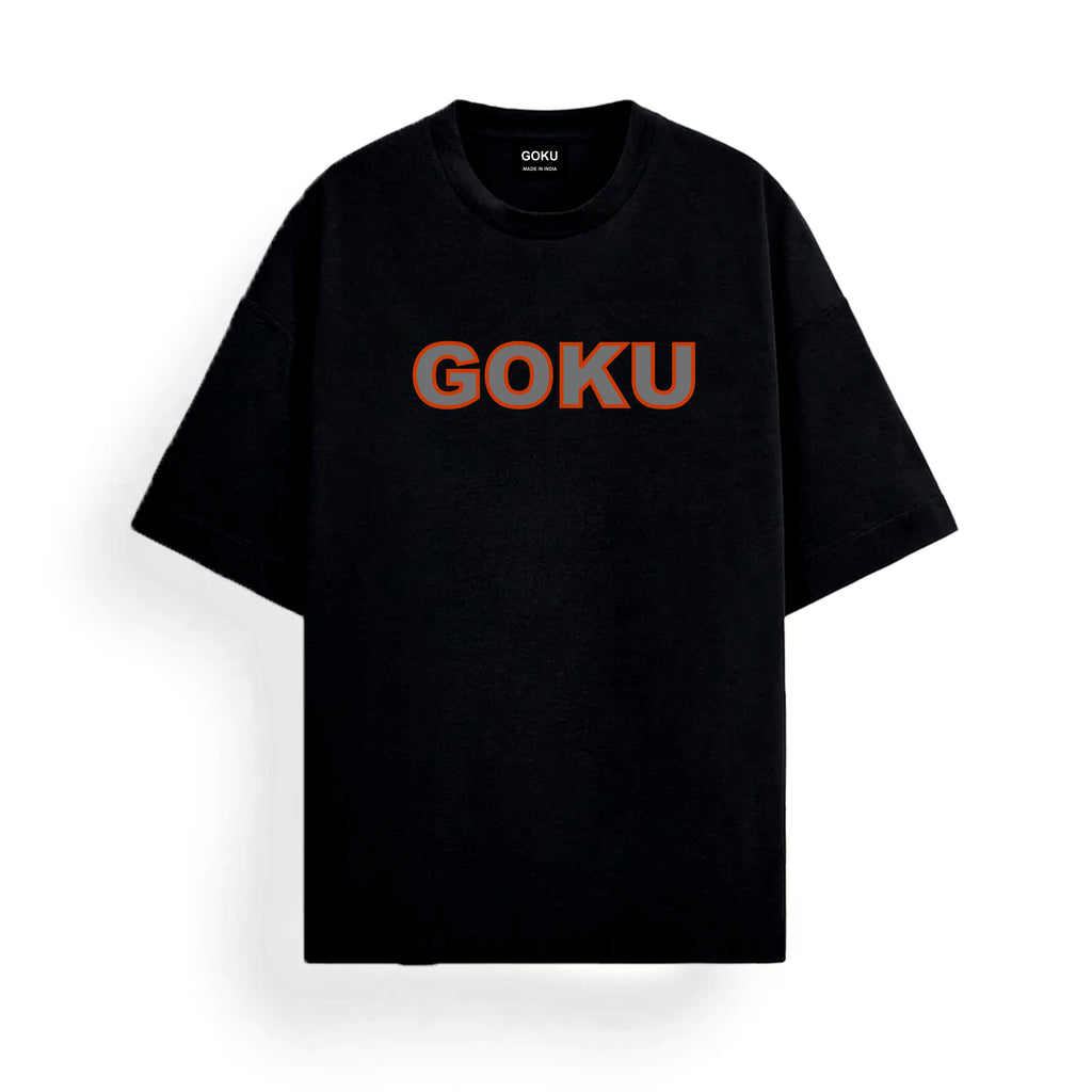 Black t-shirt with 'GOKU' printed in red and white