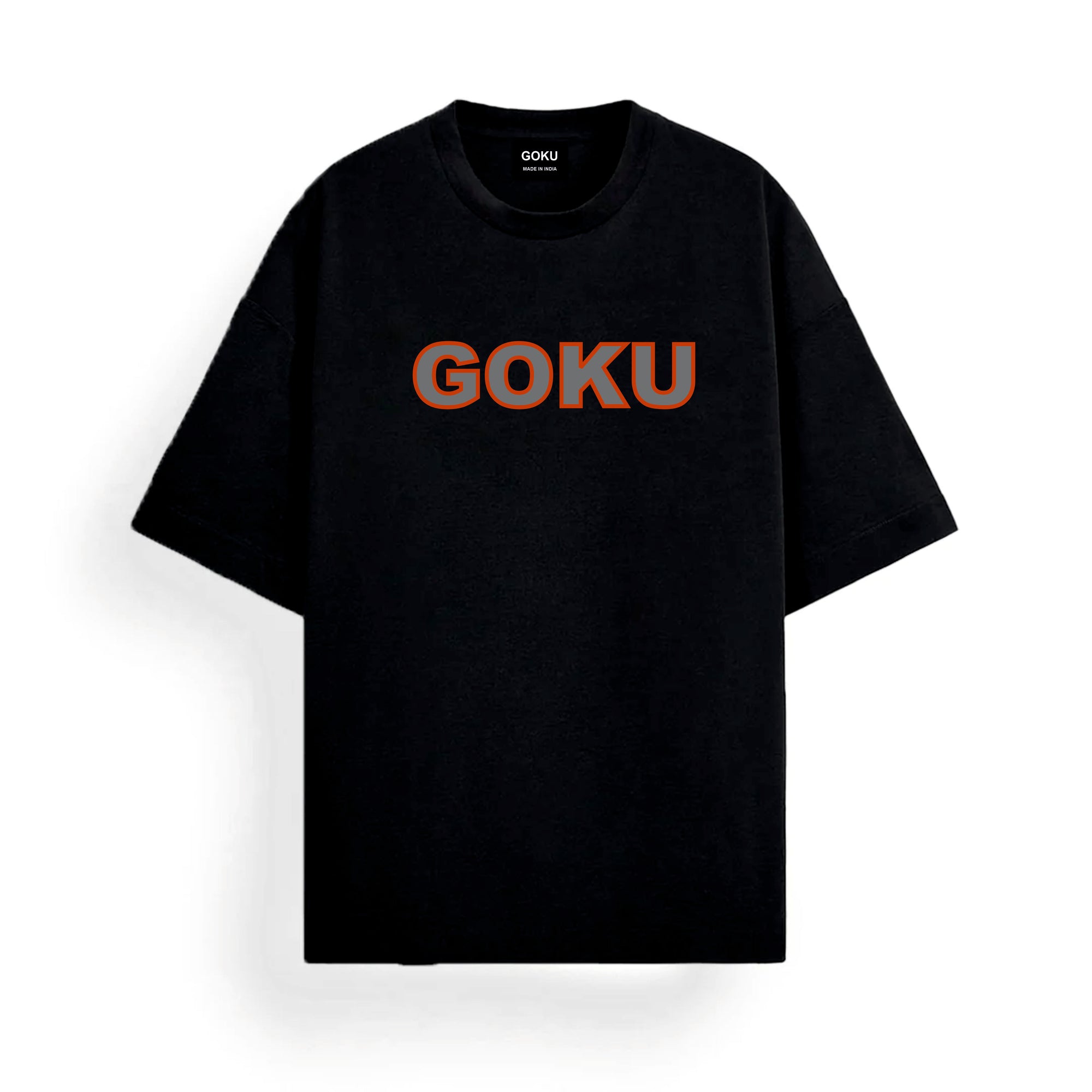 Black t-shirt with 'GOKU' printed in red and white