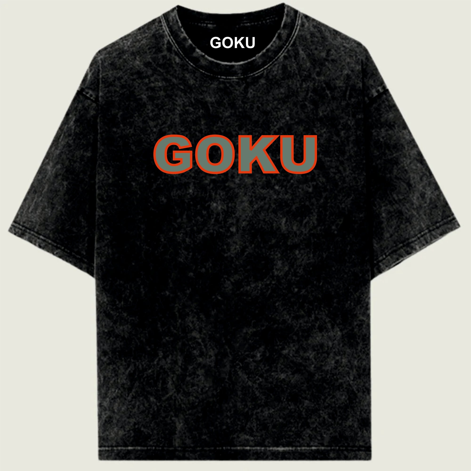 Black t-shirt with 'GOKU' printed in red and white