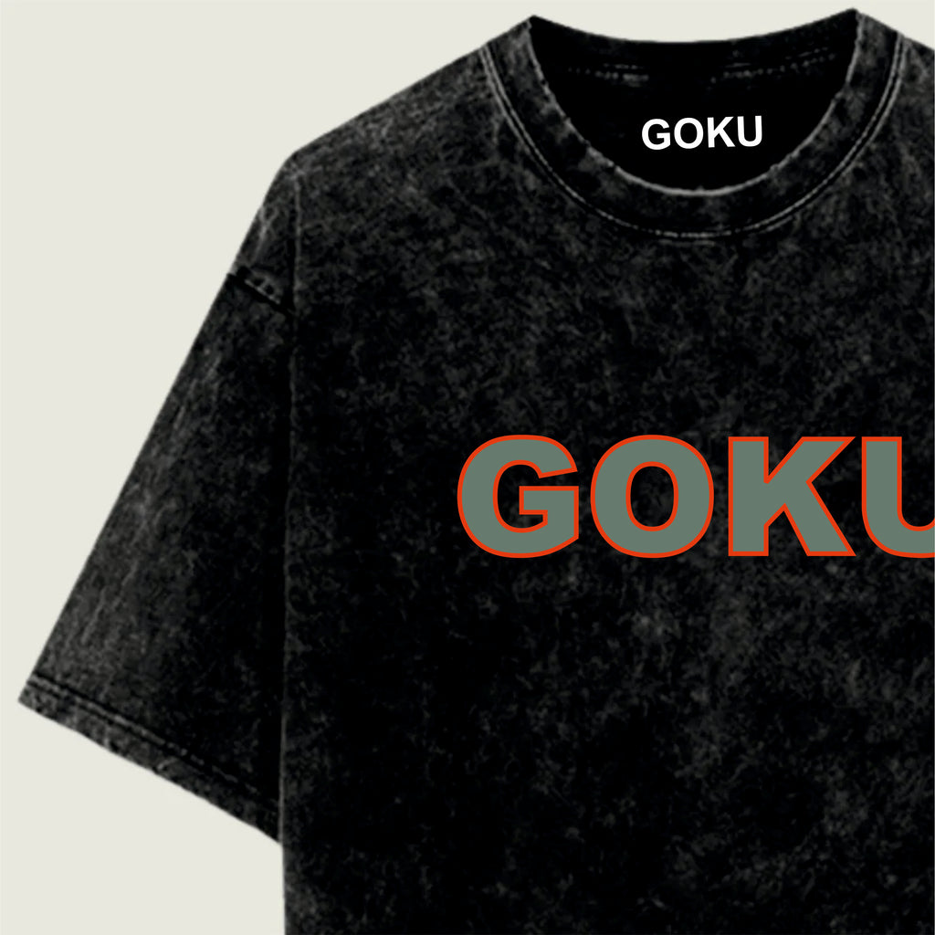 Black t-shirt with 'GOKU' printed in red and white